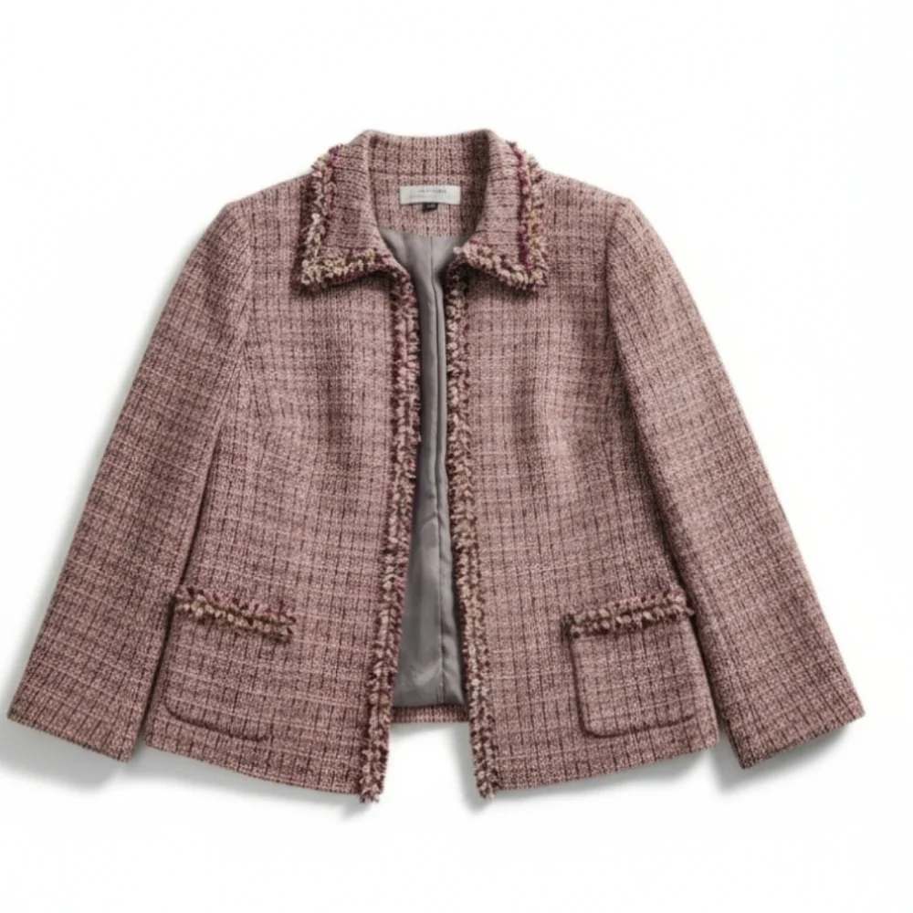 Tahari Arthur S. Levine Wool Fringed Trim Pink Tweed Swing Blazer Jacket 14 W